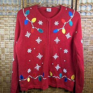 Vtg Avon Women Christmas Light Snowflake Zip Up Sweater Size S Kitschy Holiday